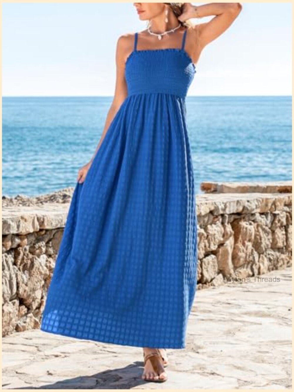 CUPSHE Women's Boho Smocked Maxi Sundress With Adjustable Spaghetti Straps - Picture 4 of 7